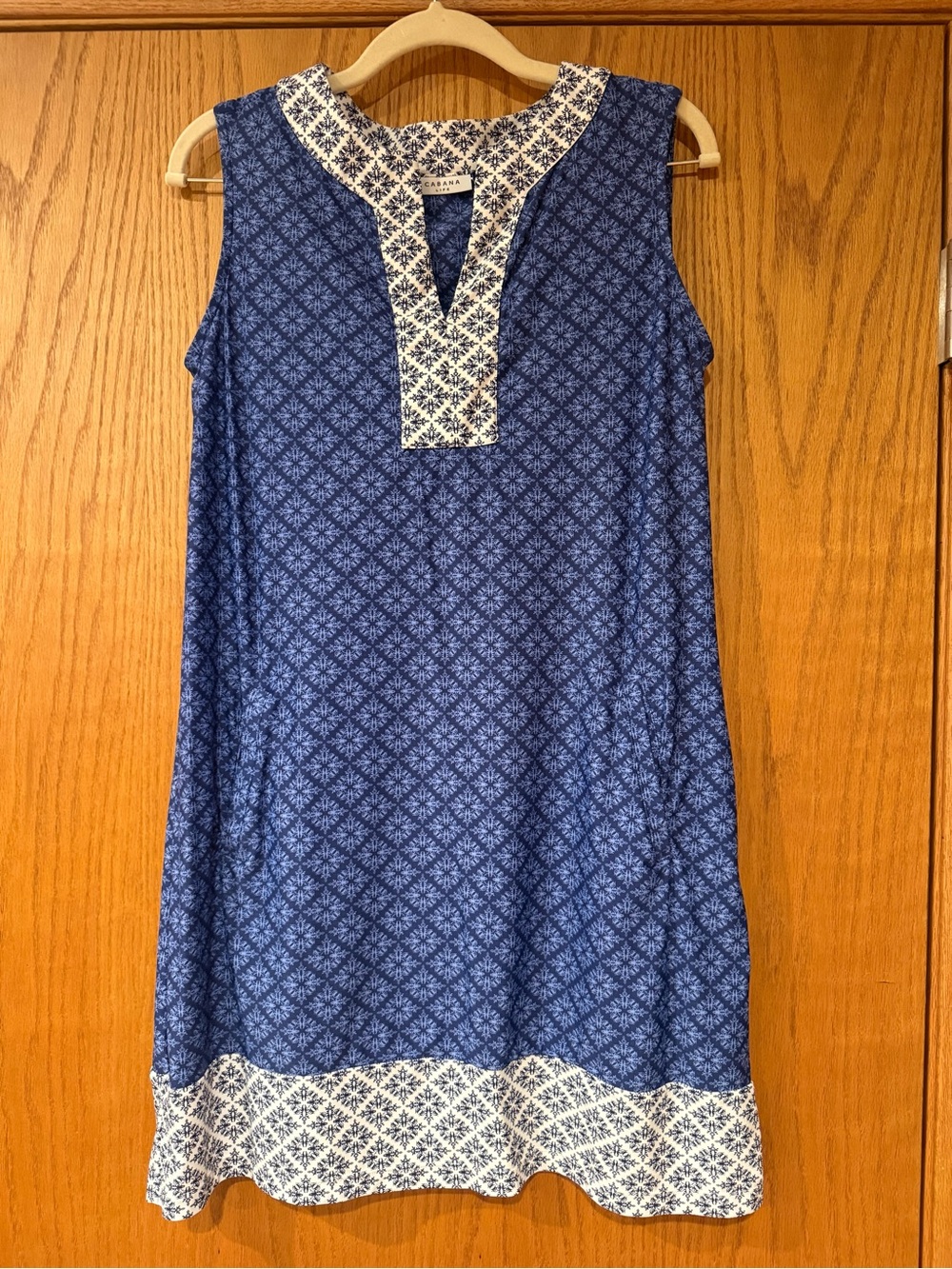 Cabana Life Blue Geometric Printed Sleeveless Shift Dress with White Trim